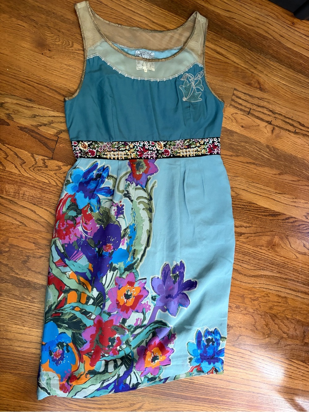 *Anthropologie Floreat Teal Floral Embroidered Sheath Dress Women’s Size 8